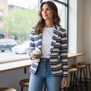 Ann Taylor LOFT NWT Strip Linen Blend Minimalist Classic Career Button Blazer 4